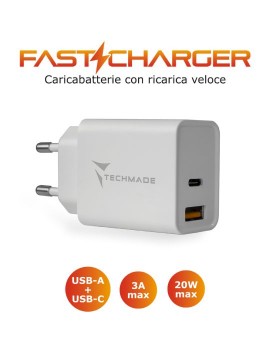 CARICABATTERIA DA RETE FAST CHARGE USB-C/USB 20W TECHMADE TM-TC046AC