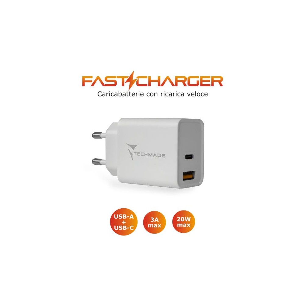 CARICABATTERIA DA RETE FAST CHARGE USB-C/USB 20W TECHMADE TM-TC046AC