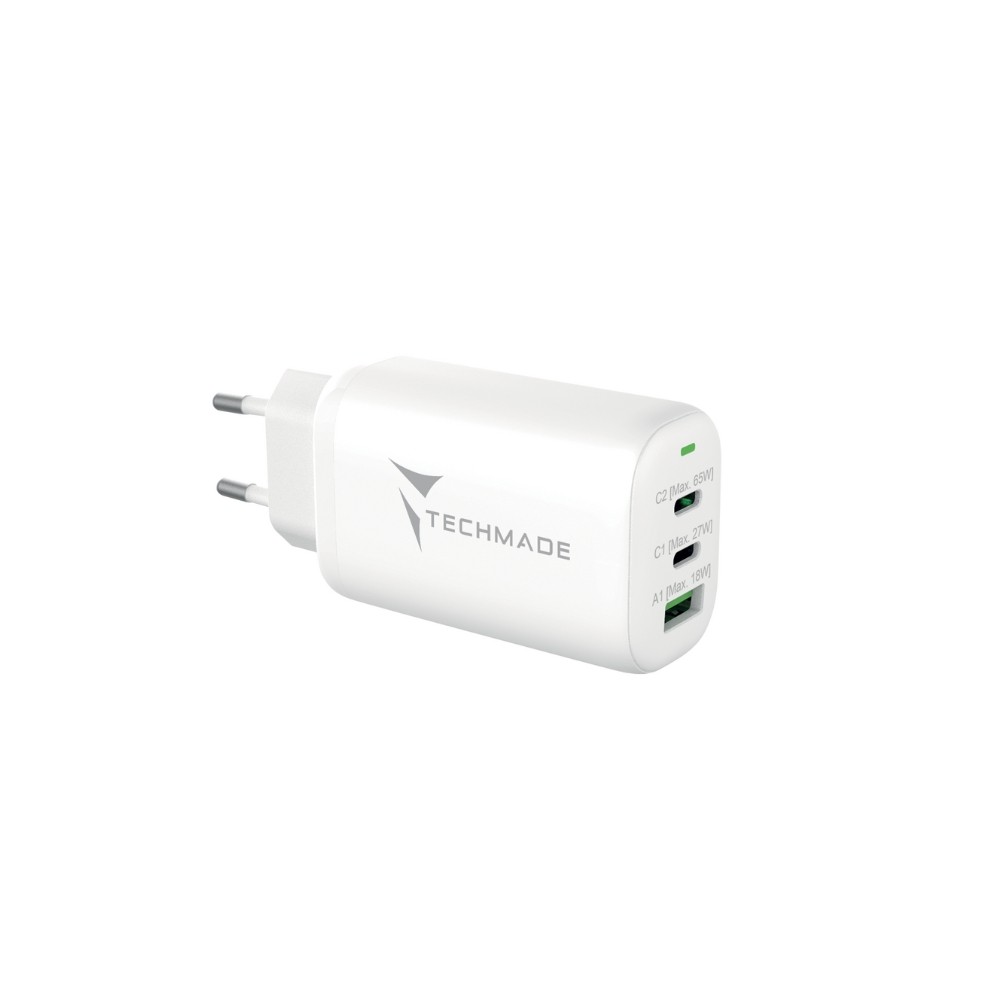 CARICABATTERIA RAPIDO 65W GAN 3 PORTE (2USB-C USB-A) TECHMADE TM-P937-WH CARICABATTERIA RAPIDO 65W GAN 3 PORTE (2USB-C USB-A) TECHMADE TM-P937-WH