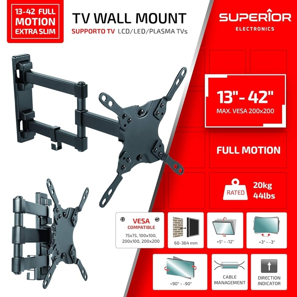 STAFFA MONTAGGIO PER TV A MURO CON BRACCIO DOPPIO INCLINABILE 13"-42" SUPERIOR SUPSTV010 STAFFA MONTAGGIO PER TV A MURO CON BRACCIO DOPPIO INCLINABILE 13"-42" SUPERIOR SUPSTV010